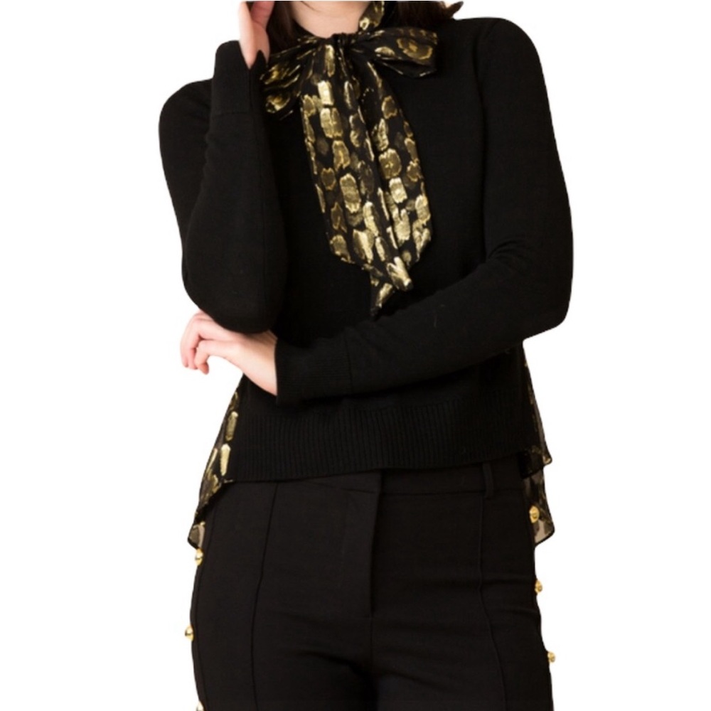 Veronica Beard Black Gold Merino Wool Silk Concord Mixed Media Sweater MEDIUM